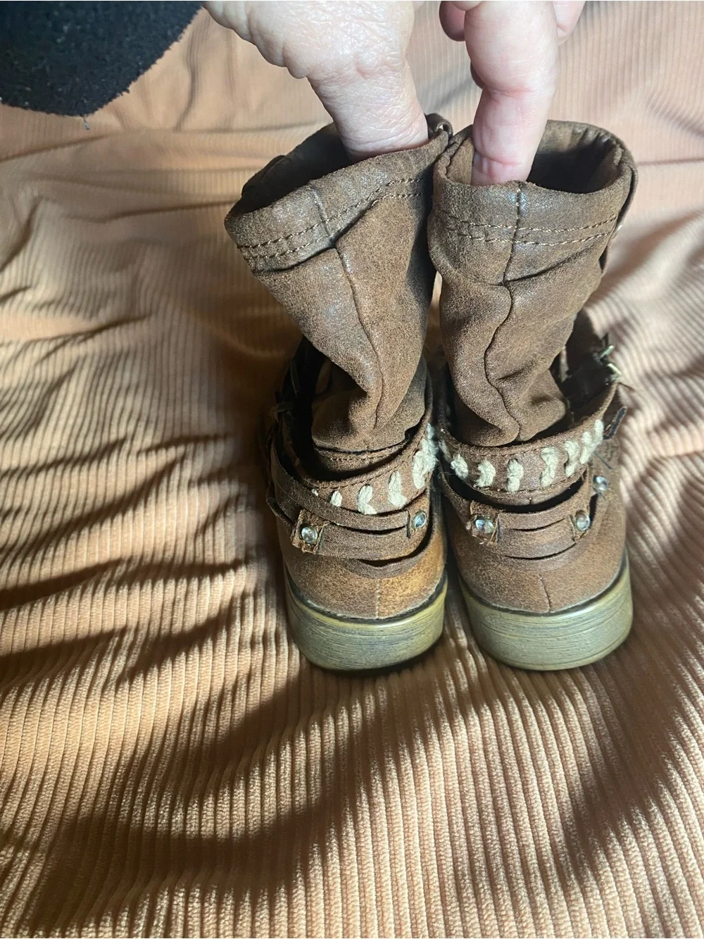 Justice Girls Brown Western Boho Slouchy Booties, Studded Straps Size 13